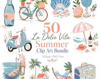 La Dolce Vita Summer Clip Art, aquarelle côtière bleue PNG (Téléchargement numérique)