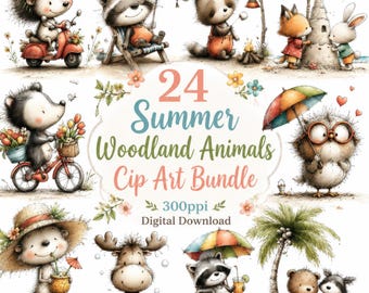 Bundle de cliparts animaux de la forêt d'été, graphiques de forêt de plage (téléchargement numérique)