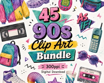 Lot de cliparts aquarelle rétro des années 90, graphiques de l'an 2000 (téléchargement numérique)