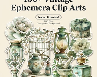 Bundle de cliparts éphémères vintage, éléments de journal indésirable floral antique (téléchargement numérique)