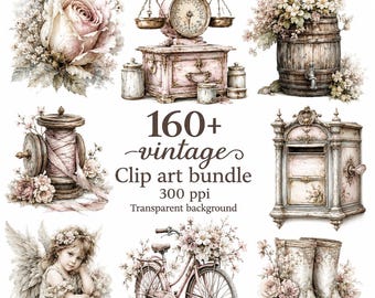 Lot de cliparts aquarelle vintage, PNG floral shabby Chic, art de la malbouffe (téléchargement numérique)