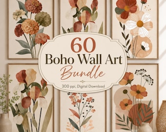 60 gravuras botânicas boho, arte de parede floral neutra para galeria (download digital)