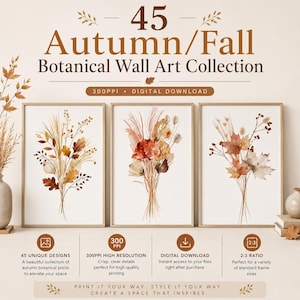 45 höstbotaniska tryck, akvarell höstblomsterdekor, neutral jordnära konst (digital nedladdning)