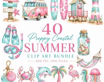 Bundle d'arts clip art côtier preppy, aquarelle pastel plage (téléchargement numérique)