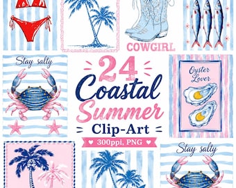 Bundle de cliparts côtiers d'été, plage PNG, dessins de sublimation de cow-girl côtière (téléchargement numérique)