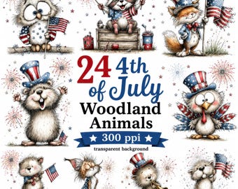 Clipart aquarelle animaux de la forêt du 4 juillet (téléchargement numérique)