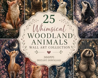 Collection d'art mural animaux de la forêt fantaisistes, décoration de pépinière de forêt, impressions Cottagecore (téléchargement instantané)