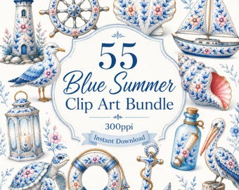 Bundle d'art clip art aquarelle bleu d'été, graphiques nautiques côtiers (téléchargement numérique)