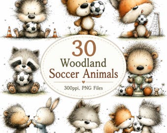 Clipart animaux de football des bois, forêt enfants sports PNG (téléchargement numérique)