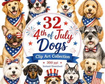 Lot de 32 cliparts patriotiques aquarelles chiens (téléchargement instantané)