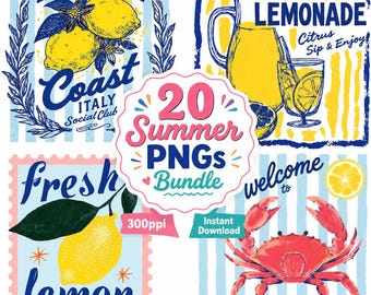 Amalfi Coast Lemon Summer PNG Bundle, graphismes rétro d'agrumes (téléchargement numérique)