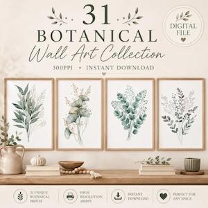 31 Sage Green Botanical Prints, Watercolor Foliage Gallery Wall (Digital Download)