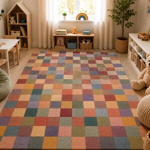 Handmade Checkered Wool Rug, Colorful Patchwork Playroom Carpet, Modern Nursery Floor Mat