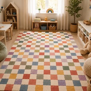 Handmade Checkered Wool Rug, Colorful Patchwork Playroom Carpet, Modern Nursery Floor Mat