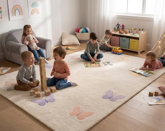 Handmade Wool Butterfly Kids Rug, Pastel Nursery Playroom Carpet