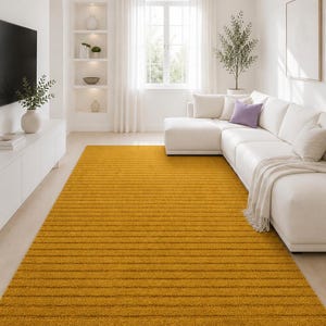 Hand Tufted Mustard Loop Cut Rug, Textured Striped Carpet, Modern Minimalist Floor Rug