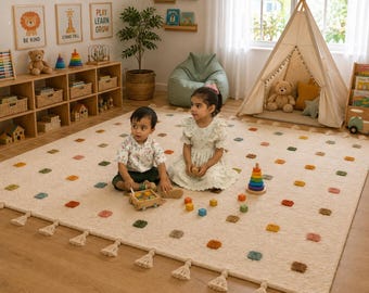 May include: A large, rectangular, cream-colored area rug featuring a grid of small, multi-colored tufted squares and decorative tassels along the edges. The rug is made of a soft, textured material and provides a neutral base for a play area.