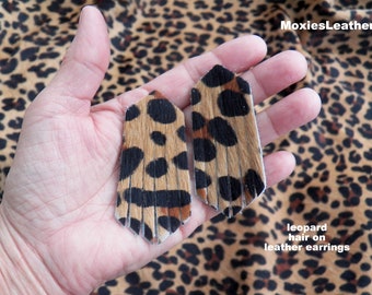 leopard teardrop jewellery die cut leather fringes hair on leather  / camo earrings - earrings fringes - fringed earrings