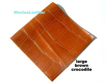 brown croc design  leather, real leather, leather skin pieces - remnants, caramel brown -leather for jewllery - leather for earrings