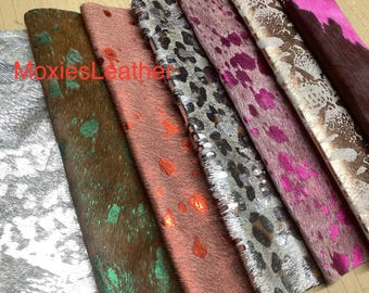 New metallic hair on cowhide , genuine cow skins, green, hot pink -hair on leather pieces  -journal covers , hair on -genuine leather