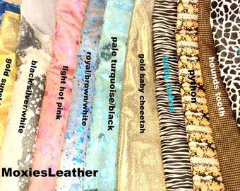 NEW leather pieces- hair on hide print leather -hot pink, gold leather - acid wash leather hide with hair on -