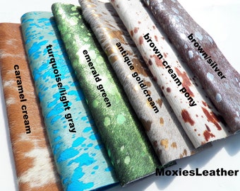 NEW leather pieces- hair on hide print leather - pony, turquoise and caramel leather - leather hide with hair on -