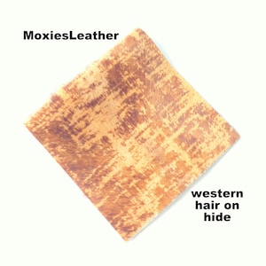 May include: A close-up of a piece of western hair-on hide leather. The leather is a light brown color with darker brown markings. The text "western hair on hide" is visible in the lower right corner of the image.