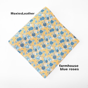 Blue rose floral print leather for earrings, leather scraps, leather remnants, earrings leather, leather sheets moxies leather