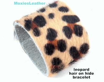 hair on cuff leopard leather , animal prints bracelet 2 inch band  , cuffs with hair on leather , wholesale cuff