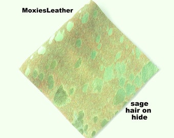 NEW leather pieces sage green- hair on hide print leather turquoise, gold leopard leather - acid wash leather hide with hair on -