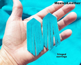 Turquoise fringes suede earrings, genuine leather pieces , genuine leather suede fringed earrings,