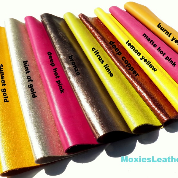 new leather sheets deep copper, bronze, yellow leather pieces, mustard leather, hot pink leather