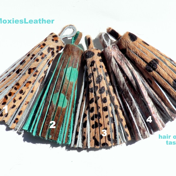 Cheetah hair on hide leather leopard hair on tassels  - leather hair on hide, tassles in leather with hair animal prints