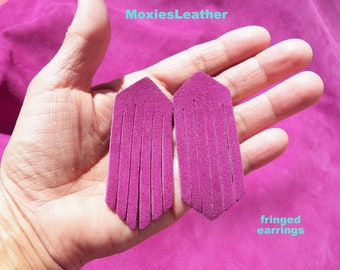 hot pink fringed earrings, genuine suede leather earrings with fringes , real suede  die cut earrings,