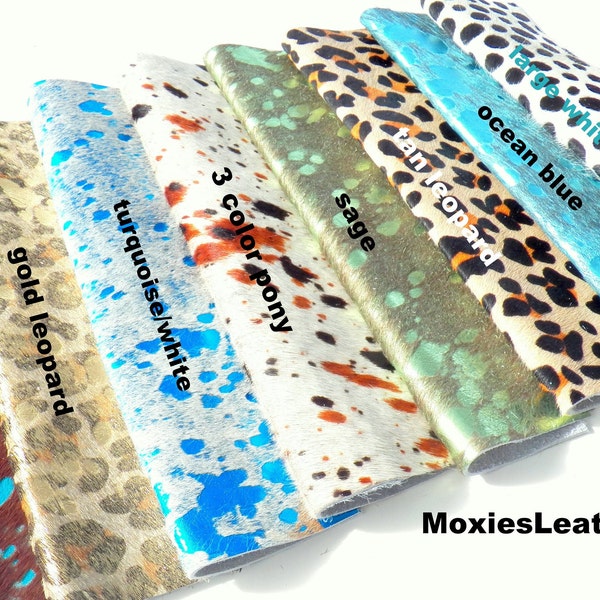 NEW leather pieces- hair on hide print leather turquoise, gold leopard leather - acid wash leather hide with hair on -
