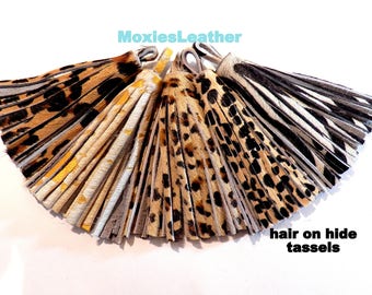 leather tassels with hair on - animal print  tassels - wholesale hair on fur tassels - leopard tassels , cheetah tassels, acid wash tassel