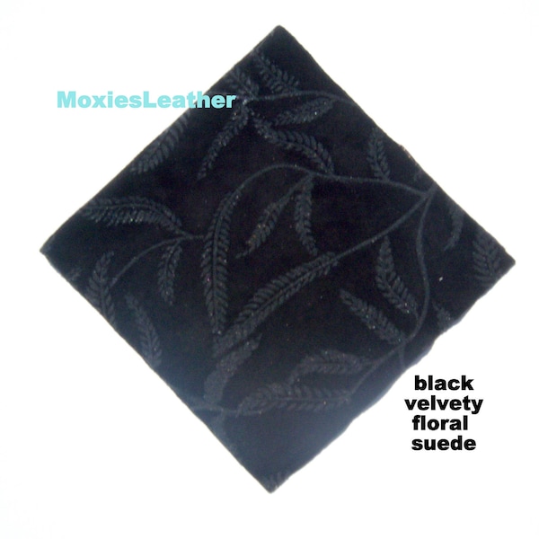 genuine leather suede piece- leather fabric - floral prints -real leather - floral prints on black suede -  moxies leather