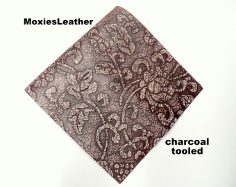 Charcoal tooled leather custom earrings, leather sheets, leather remnants, earrings leather