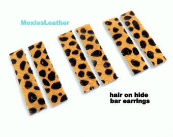 Leather bar earrings hair on hide drop earrings leather strips cheetah acid wash hair on hide