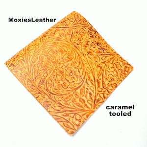Caramel tooled leather custom earrings, leather sheets, leather remnants, earrings leather