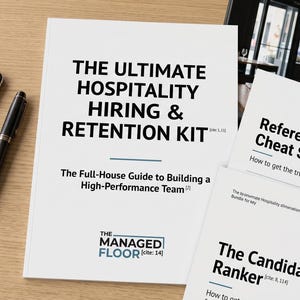 May include: A smartphone displaying a calendar, a black pen, and several white documents on a wooden surface. The documents include "The Ultimate Hospitality Hiring & Retention Kit" and "Reference Check Cheat Sheet."