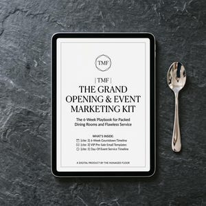 May include: A tablet displaying a digital document titled The Grand Opening & Event Marketing Kit, featuring a 6-week playbook for dining rooms and service, alongside a silver spoon. The text includes TMF, What's Inside, and The Managed Floor.