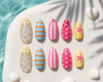 Colorful Striped Mismatched Almond Press On Nails with Polka Dots and Stars for Summer Beach.