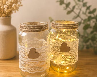 2er Set Windlichter – mit oder ohne Beleuchtung - Teelichtgläser - Vase - Hochzeit - Landhaus - handgefertigte Deko mit natürlichen Details