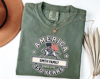 Camiseta personalizada do 250º aniversário da Herança Familiar Americana | Camiseta personalizada dos EUA | Camiseta dos EUA para presentear no 4 de julho | Camiseta dos EUA com 250 anos
