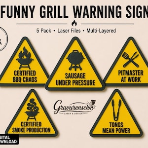 Könnte beinhalten: Ein Satz von fünf gelb-schwarzen dreieckigen Warnschildern mit humorvollen Grill-Phrasen. Die Schilder enthalten Texte wie "Certified BBQ Chaos" und "Tongs Mean Power". Das Bild enthält auch den Text "Funny Grill Warning Signs" und "Digital Download".