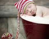 Baby elf hat newborn photo prop. Crochet baby hat newborn photography props candy cane baby pom pom hat. Ready to ship baby bobble hat.