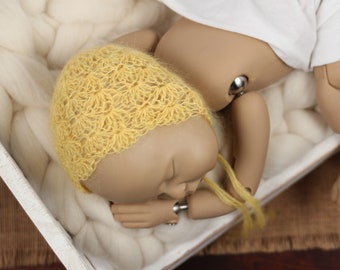 RTS yellow mohair baby girl bonnet for spring newborn photo outfit. This crochet newborn bonnet is the perfect lemon baby shower gift!