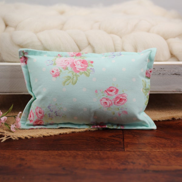 8.5" x 5.5" floral newborn pillow posing prop for newborn prop bed or beanbag setup. Mini pillow for newborn photography props collection.