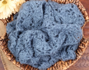 Large classic blue 15"x50" mohair newborn wrap for photography prop. Textured layer for posing bowls, baskets, buckets, beanbags, bed props.